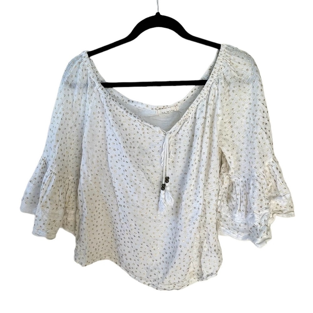 LUNA MOON Cotton Oversized Popover Printed Blouse Wide Sleeves White Gold L